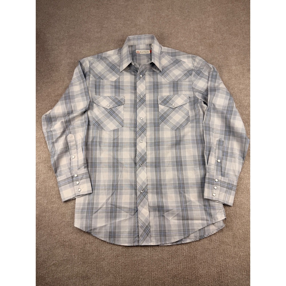 Roper Mens West Made Pearl Snap Western Shirt Grey Blue Plaid L/S Medium